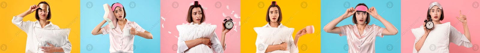 Image of Overslept woman, collage on different colors backgrounds