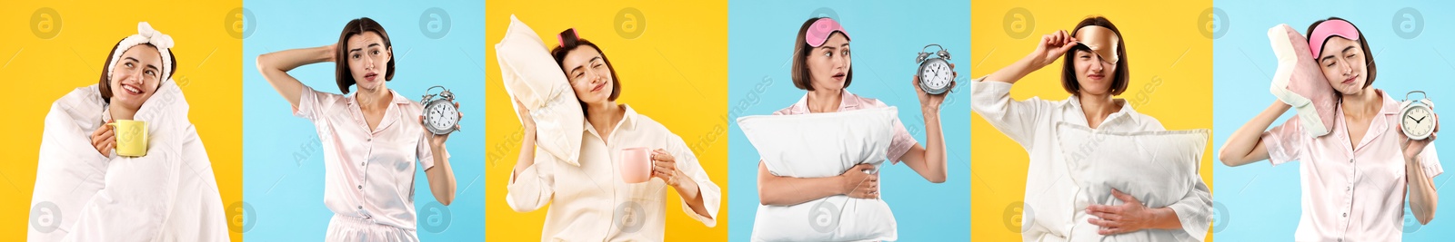 Image of Overslept woman, collage on different colors backgrounds