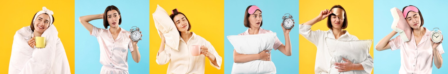 Image of Overslept woman, collage on different colors backgrounds