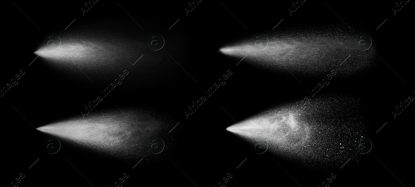 Image of Set of water sprays on black background