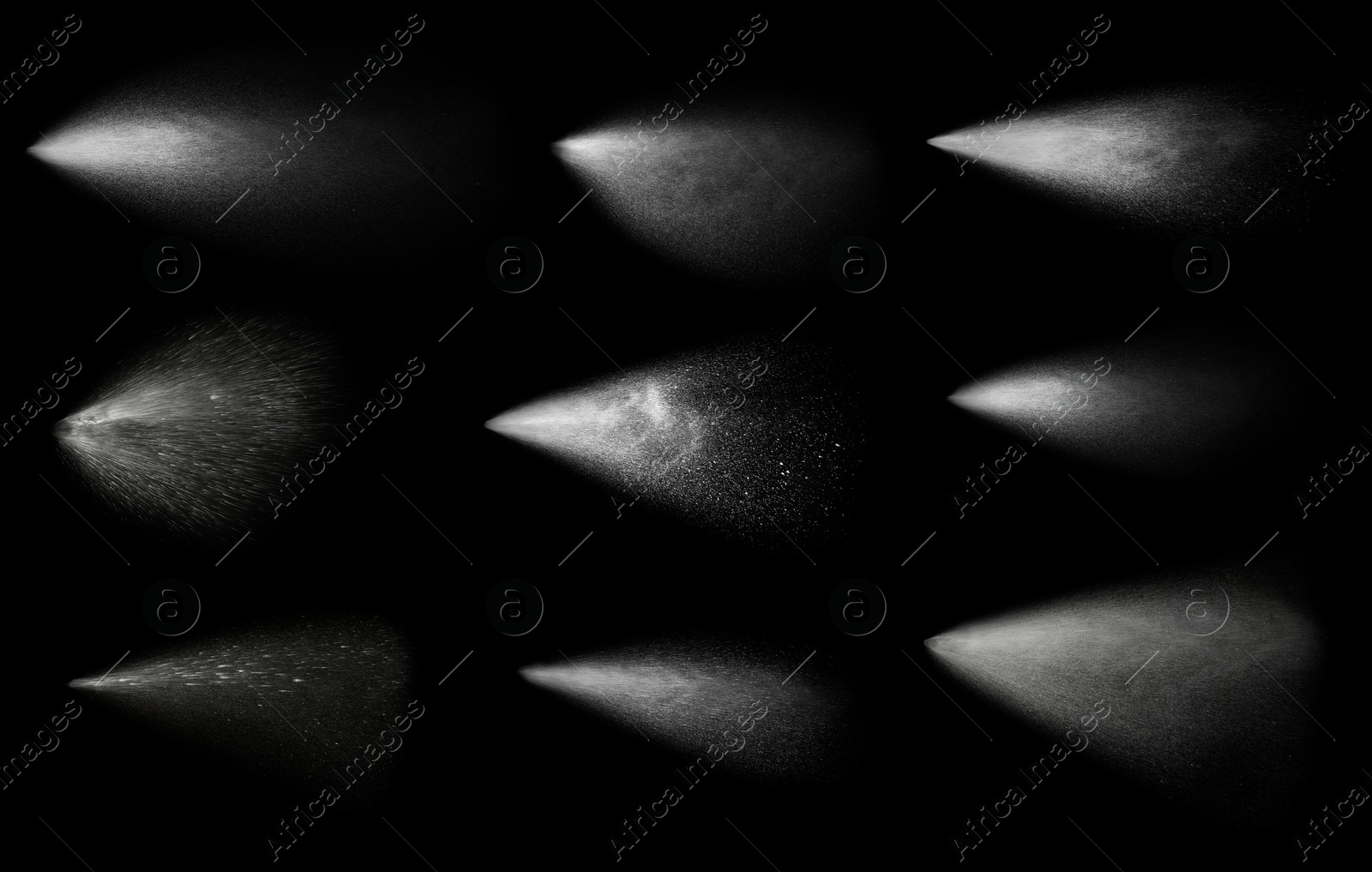 Image of Set of water sprays on black background