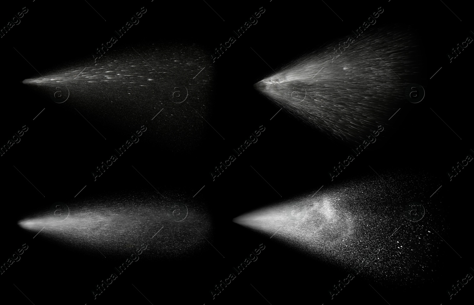 Image of Set of water sprays on black background