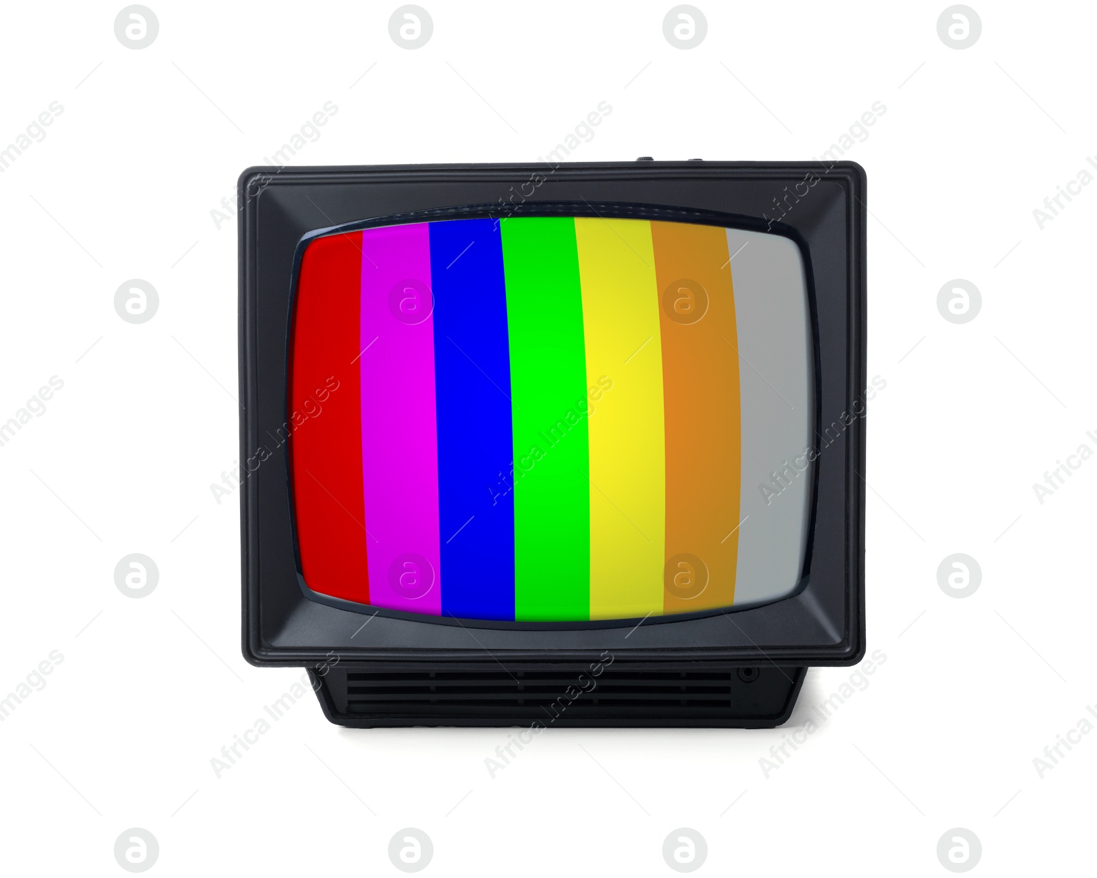 Image of Retro TV set with test pattern on white background. Color bars on screen. No signal