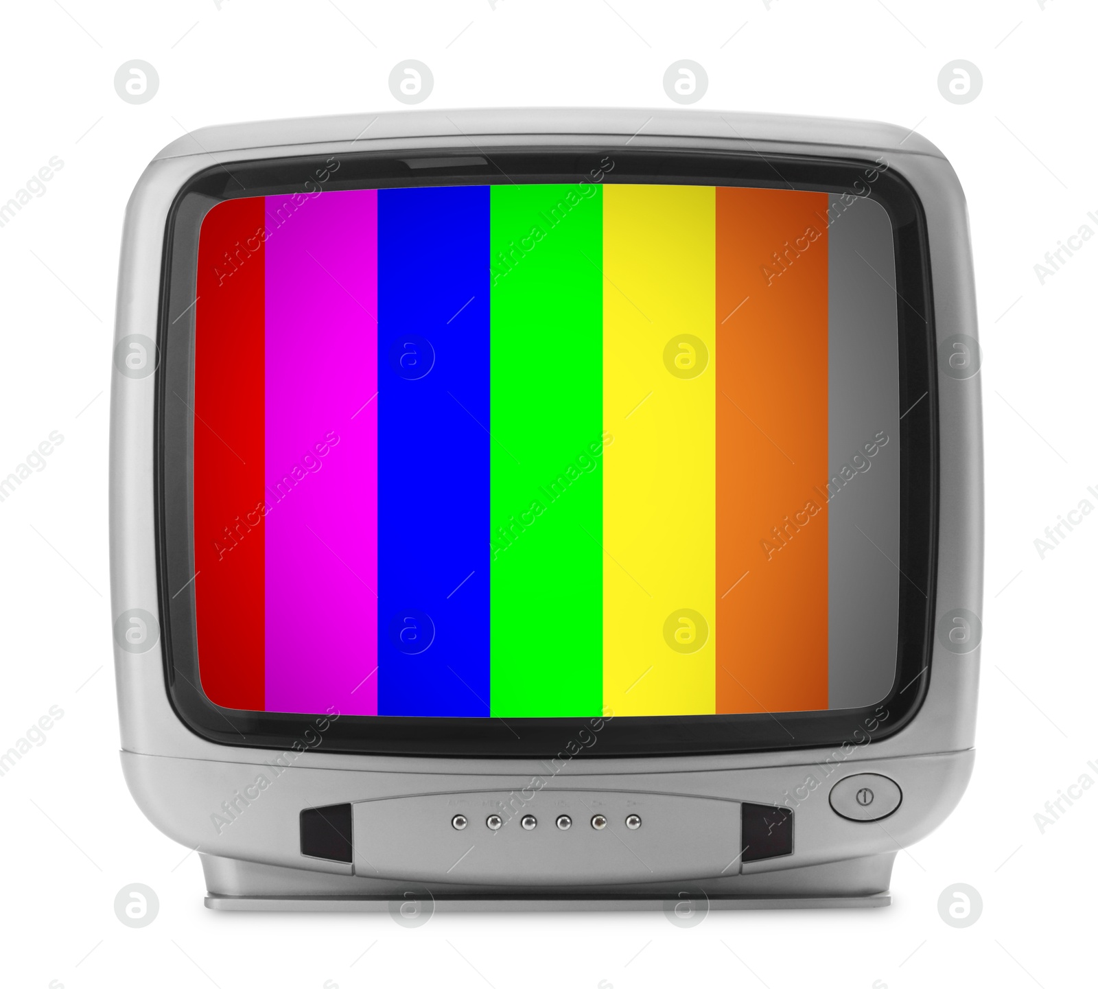 Image of Retro TV set with test pattern on white background. Color bars on screen. No signal