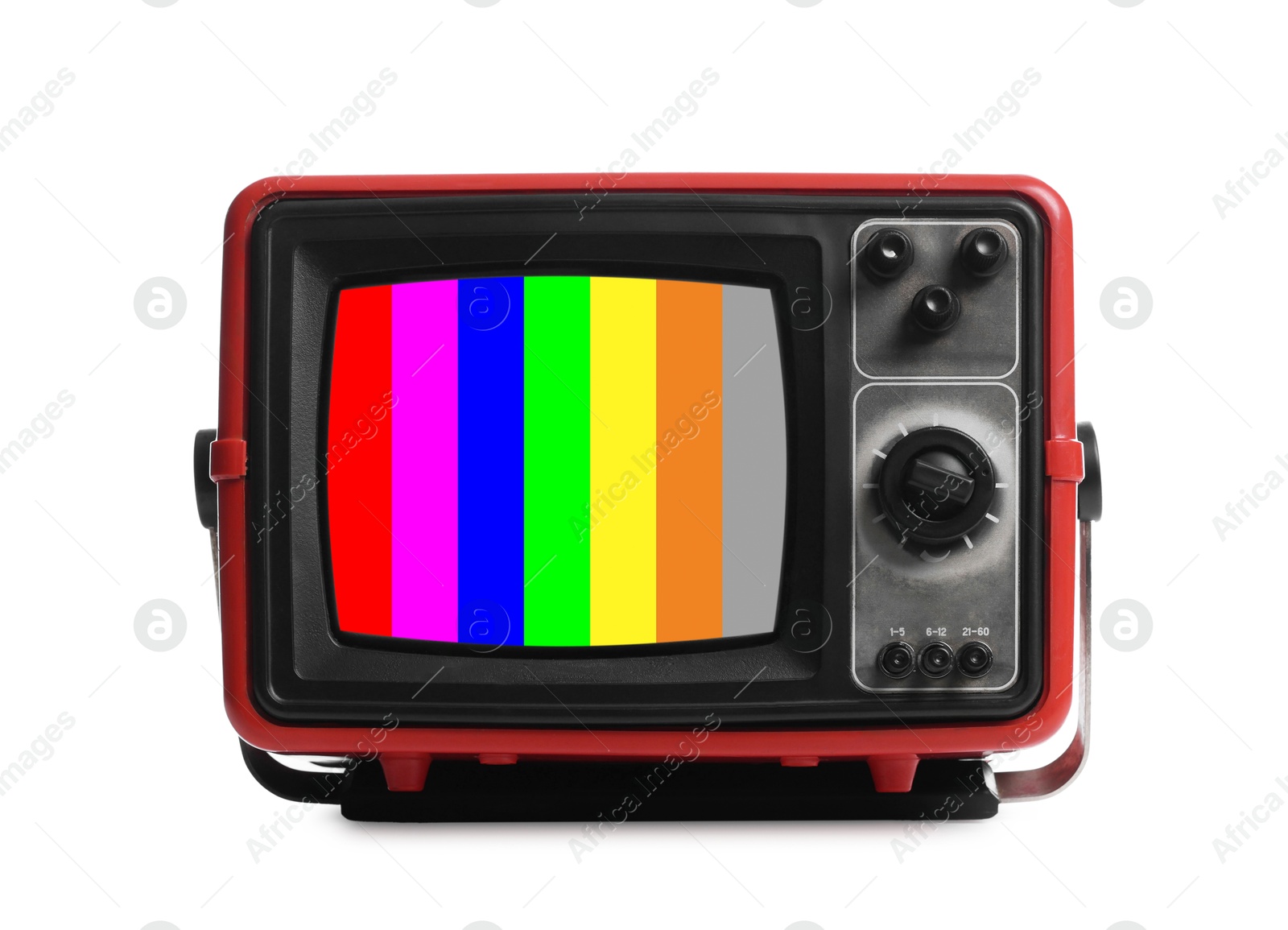 Image of Retro TV set with test pattern on white background. Color bars on screen. No signal