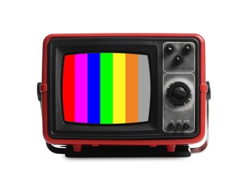 Image of Retro TV set with test pattern on white background. Color bars on screen. No signal