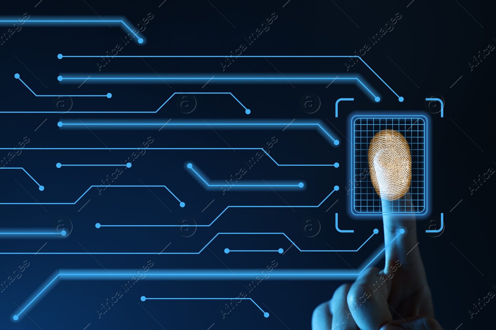 Image of Man scanning fingerprint on virtual screen. Biometric security system