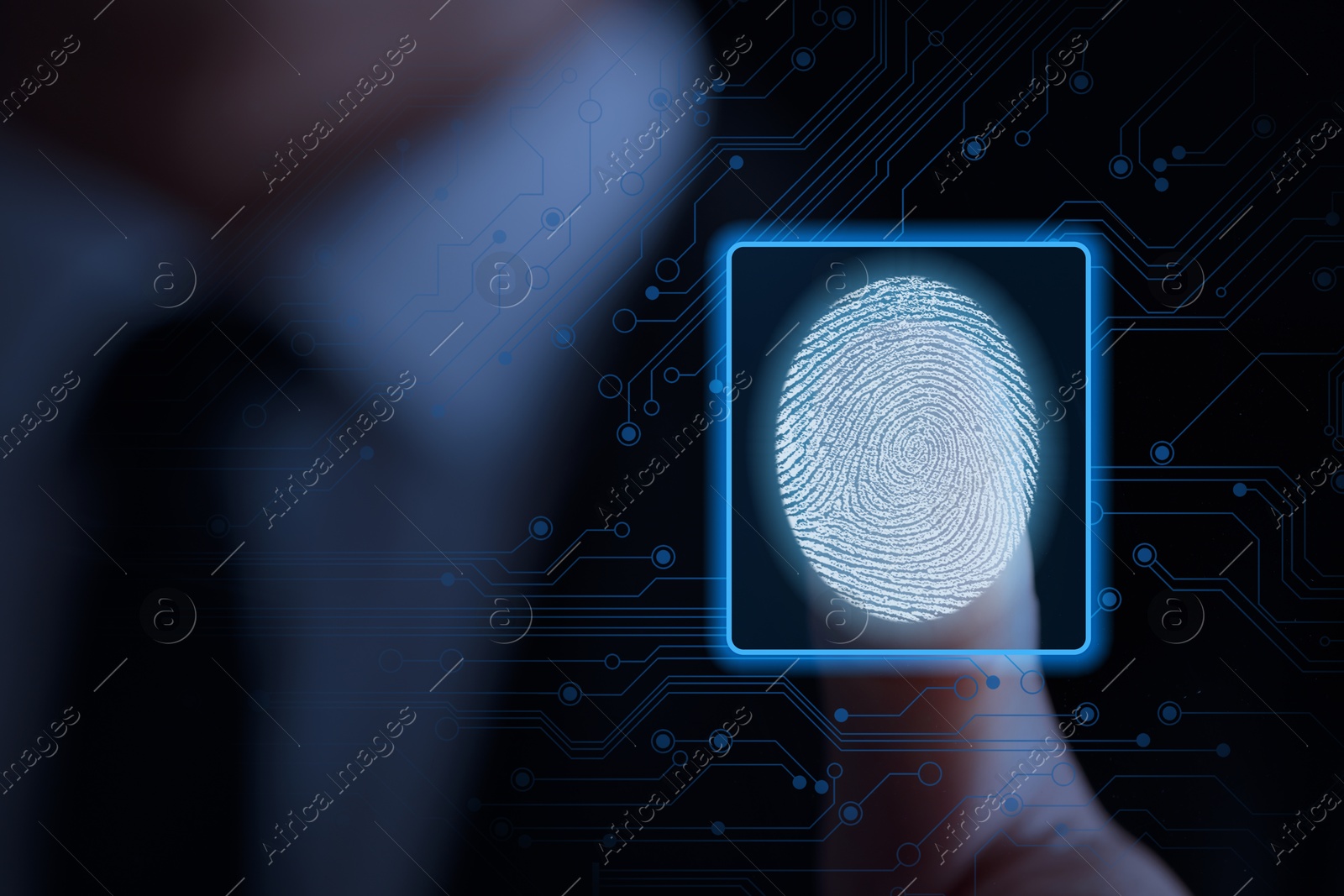 Image of Businessman scanning fingerprint on virtual screen. Biometric security system