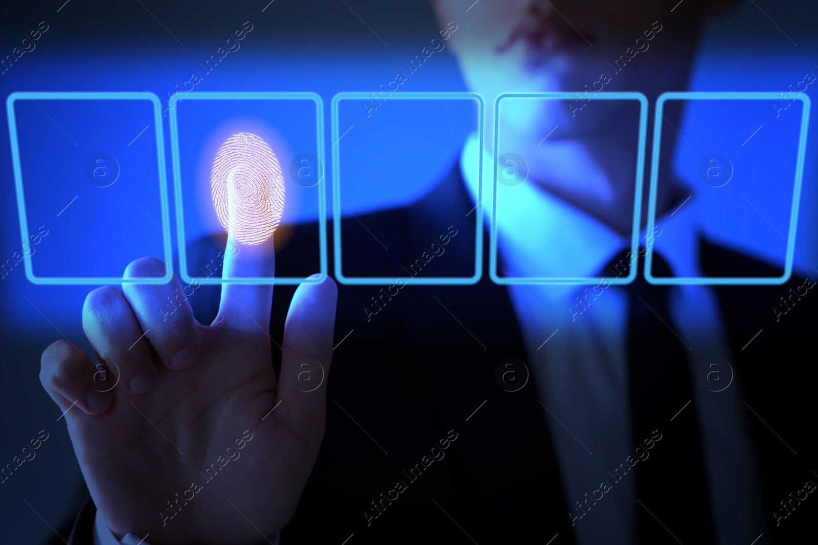 Image of Businessman scanning fingerprint on virtual screen. Biometric security system