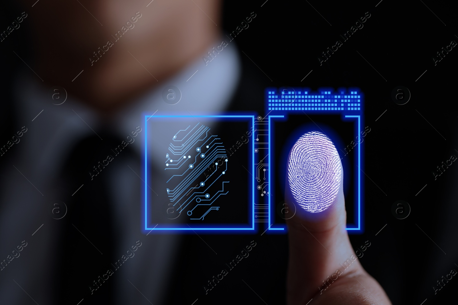 Image of Businessman scanning fingerprint on virtual screen. Biometric security system