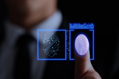 Image of Businessman scanning fingerprint on virtual screen. Biometric security system