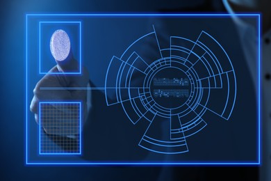 Image of Businessman scanning fingerprint on virtual screen. Biometric security system