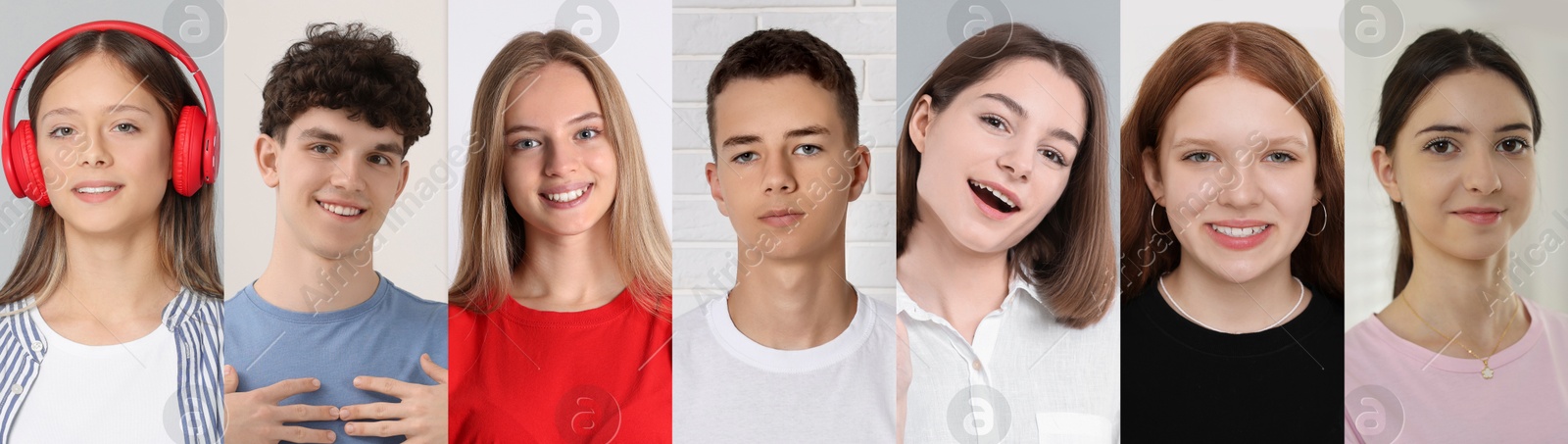 Image of Teenagers on light background. Collection of portraits