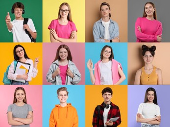 Teenagers on different colors backgrounds. Collection of portraits