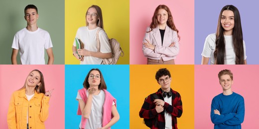 Teenagers on different colors backgrounds. Collection of portraits