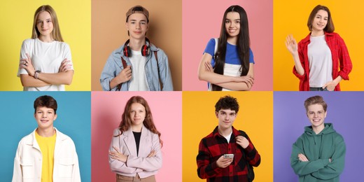 Teenagers on different colors backgrounds. Collection of portraits