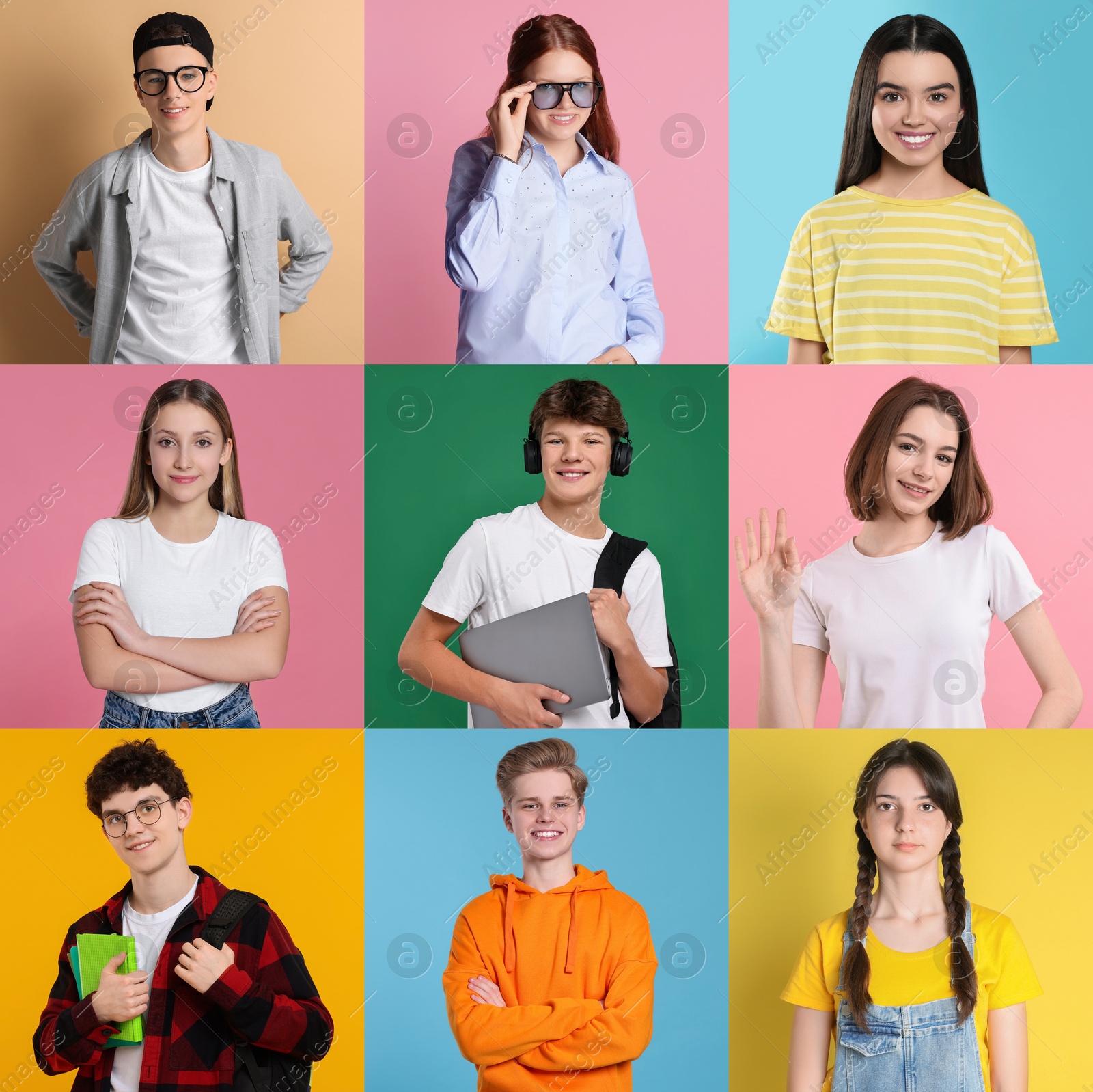 Image of Teenagers on different colors backgrounds. Collection of portraits