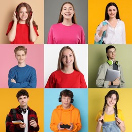 Image of Teenagers on different colors backgrounds. Collection of portraits