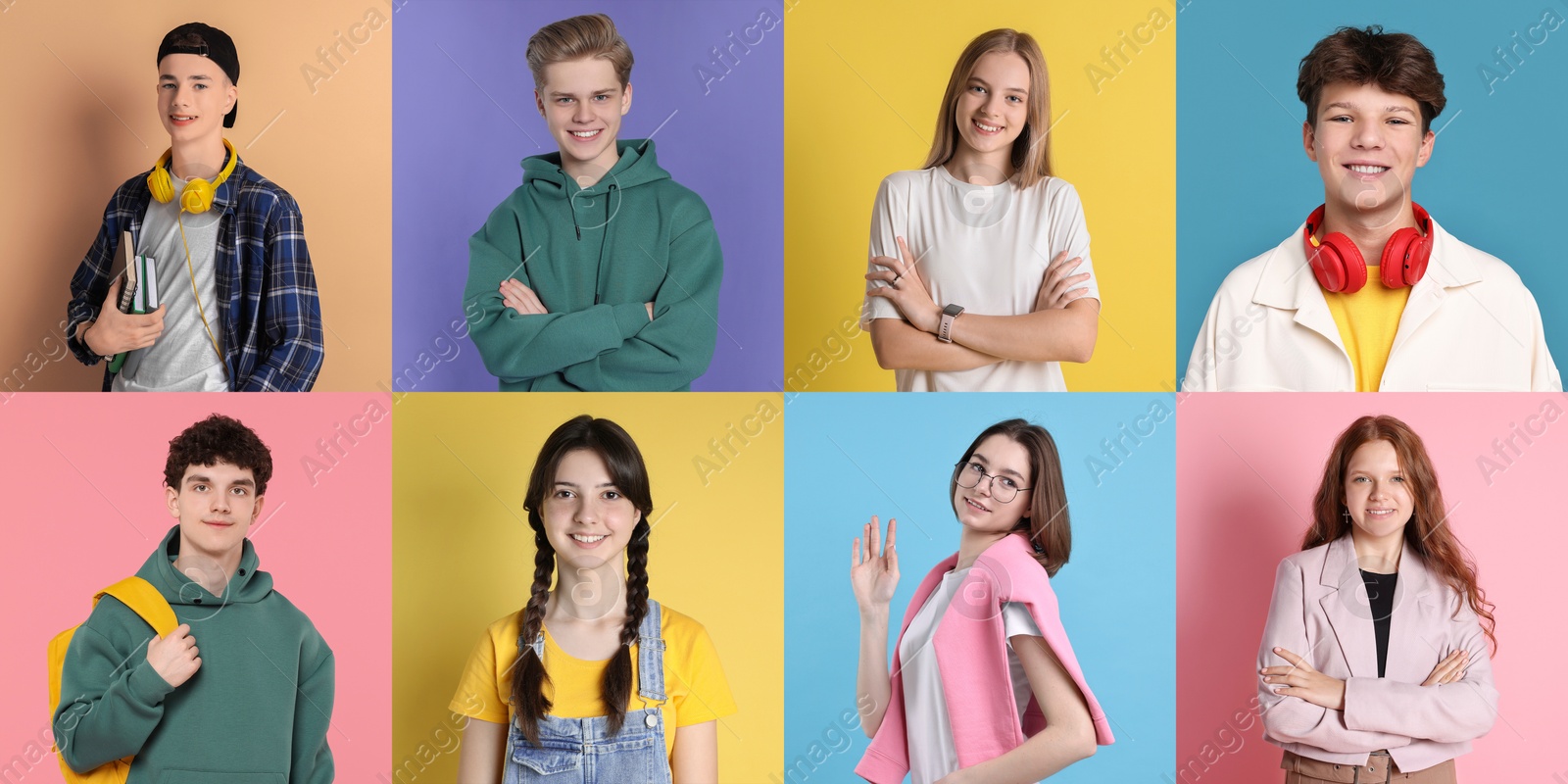 Image of Teenagers on different colors backgrounds. Collection of portraits