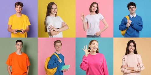 Image of Teenagers on different colors backgrounds. Collection of portraits