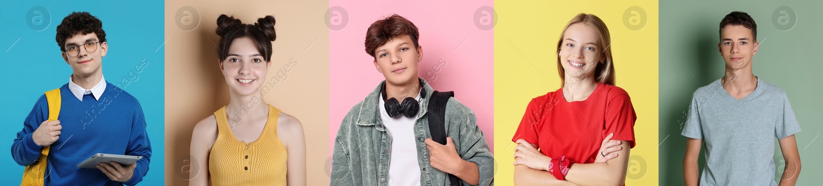 Image of Teenagers on different colors backgrounds. Collection of portraits