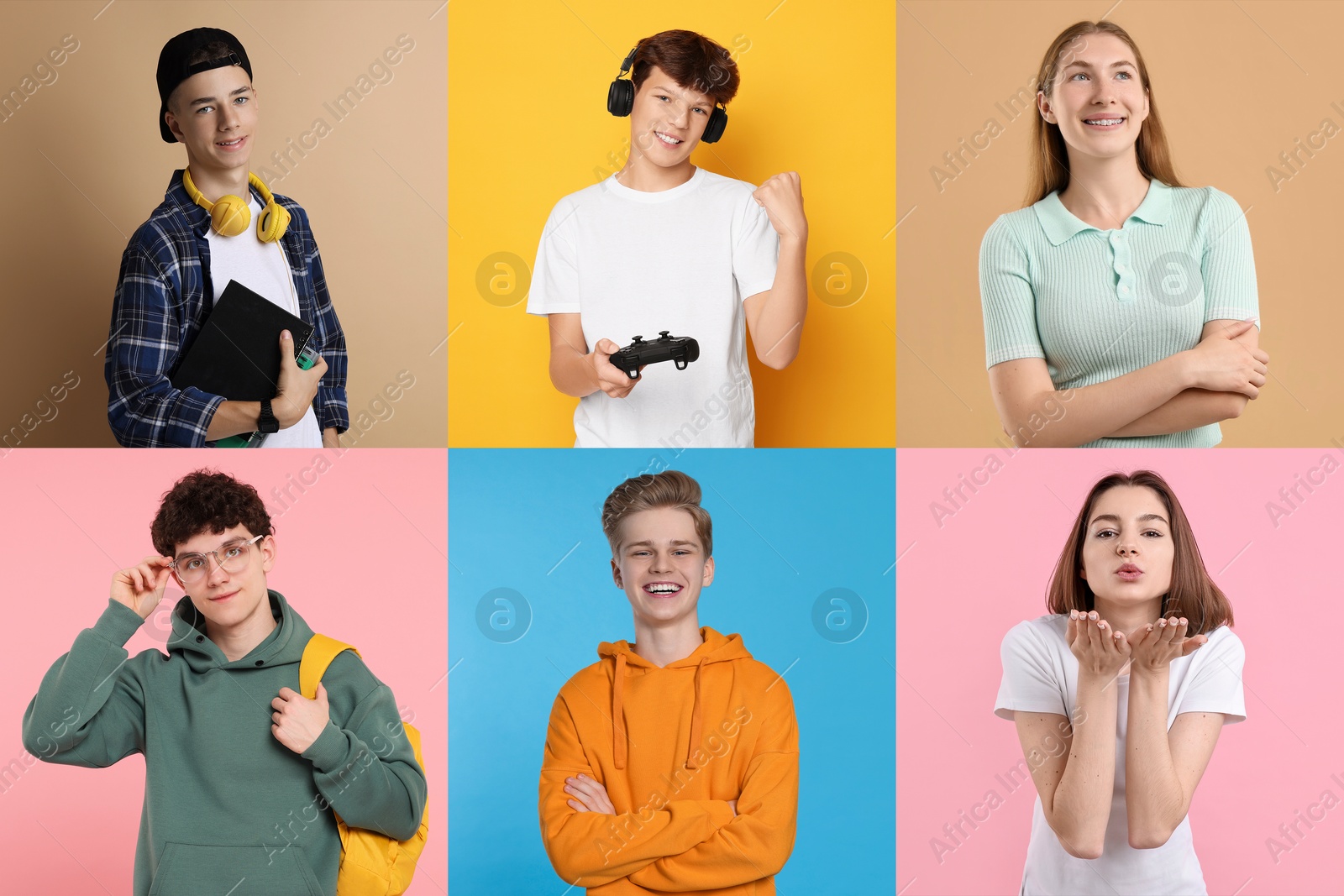 Image of Teenagers on different colors backgrounds. Collection of portraits