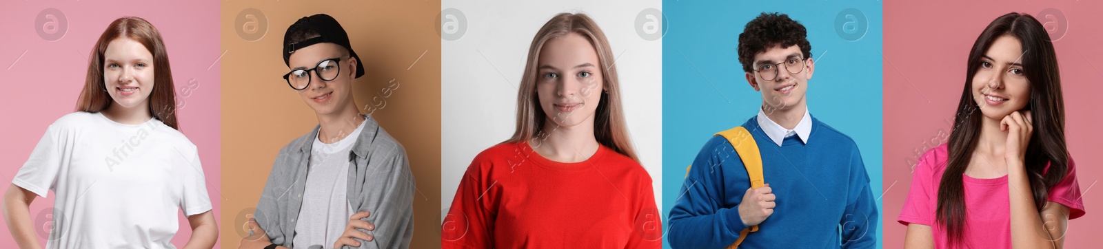 Image of Teenagers on different colors backgrounds. Collection of portraits