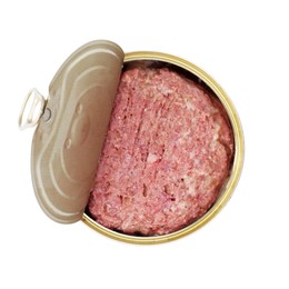 Photo of Canned meat in tin can isolated on white, top view