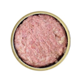 Canned meat in tin can isolated on white, top view