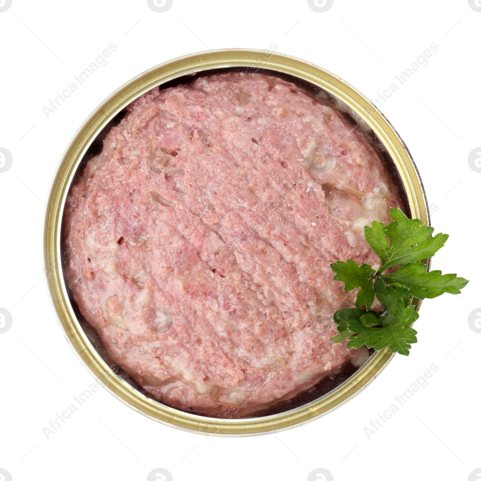 Photo of Canned meat with fresh parsley in tin can isolated on white, top view