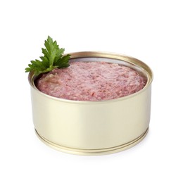 Photo of Canned meat with fresh parsley in tin can isolated on white