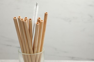 Photo of Bamboo drinking straws and cleaning brush in glass on blurred background, closeup. Space for text