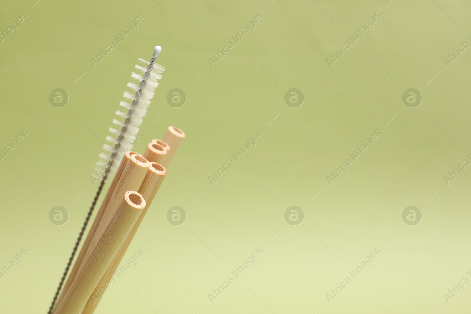 Photo of Bamboo drinking straws and cleaning brush on light green background, closeup. Space for text