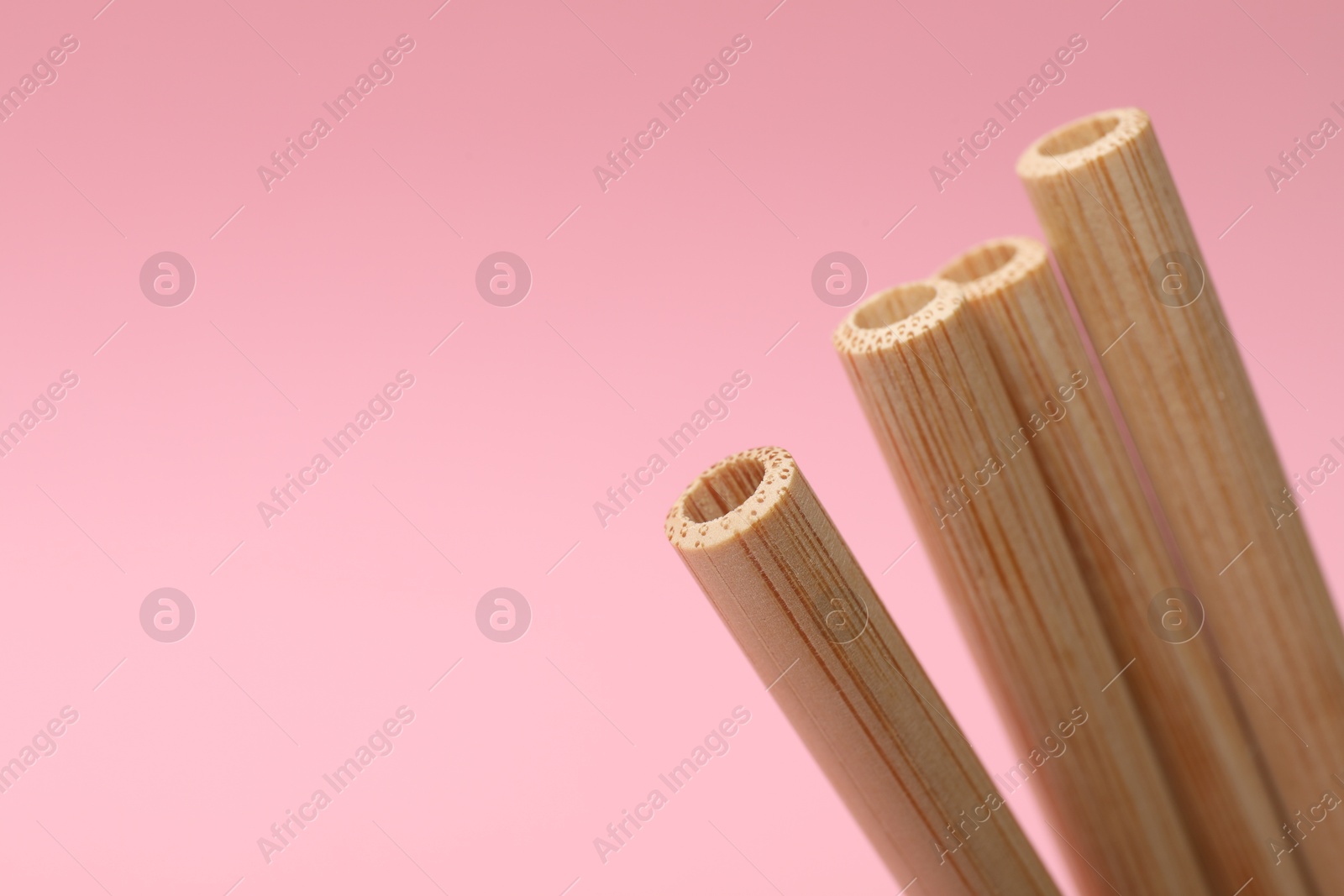 Photo of Bamboo drinking straws on pink background, closeup. Space for text