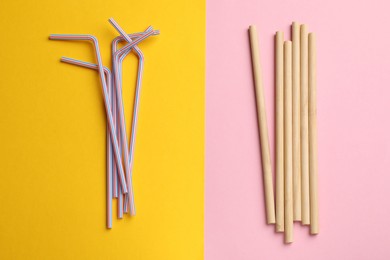 Photo of Different drinking straws on color background, flat lay