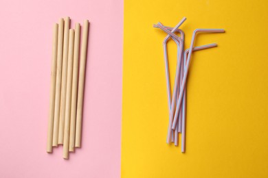 Photo of Different drinking straws on color background, flat lay