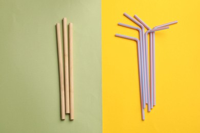 Photo of Different drinking straws on color background, flat lay