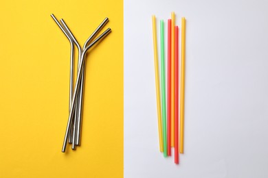 Photo of Different drinking straws on color background, flat lay