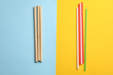 Photo of Different drinking straws on color background, flat lay