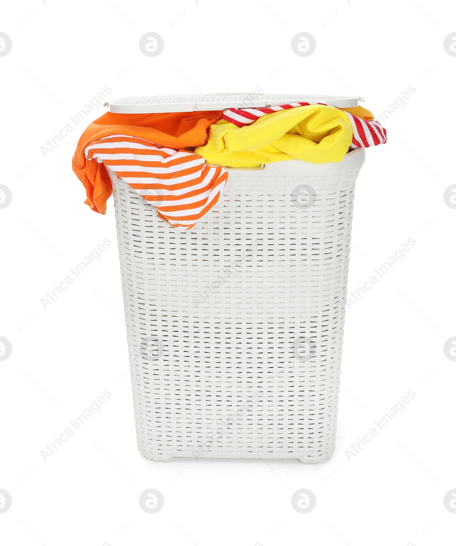 Photo of Wicker basket full of laundry isolated on white