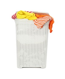 Photo of Wicker basket full of laundry isolated on white