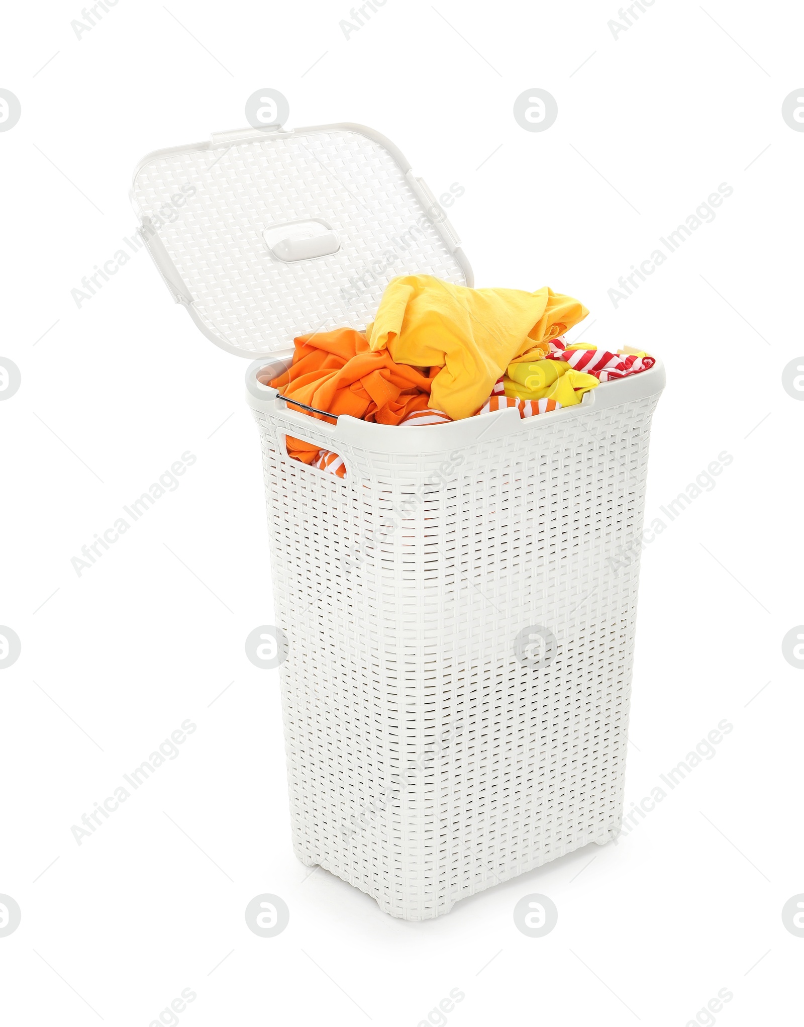 Photo of Wicker basket full of laundry isolated on white