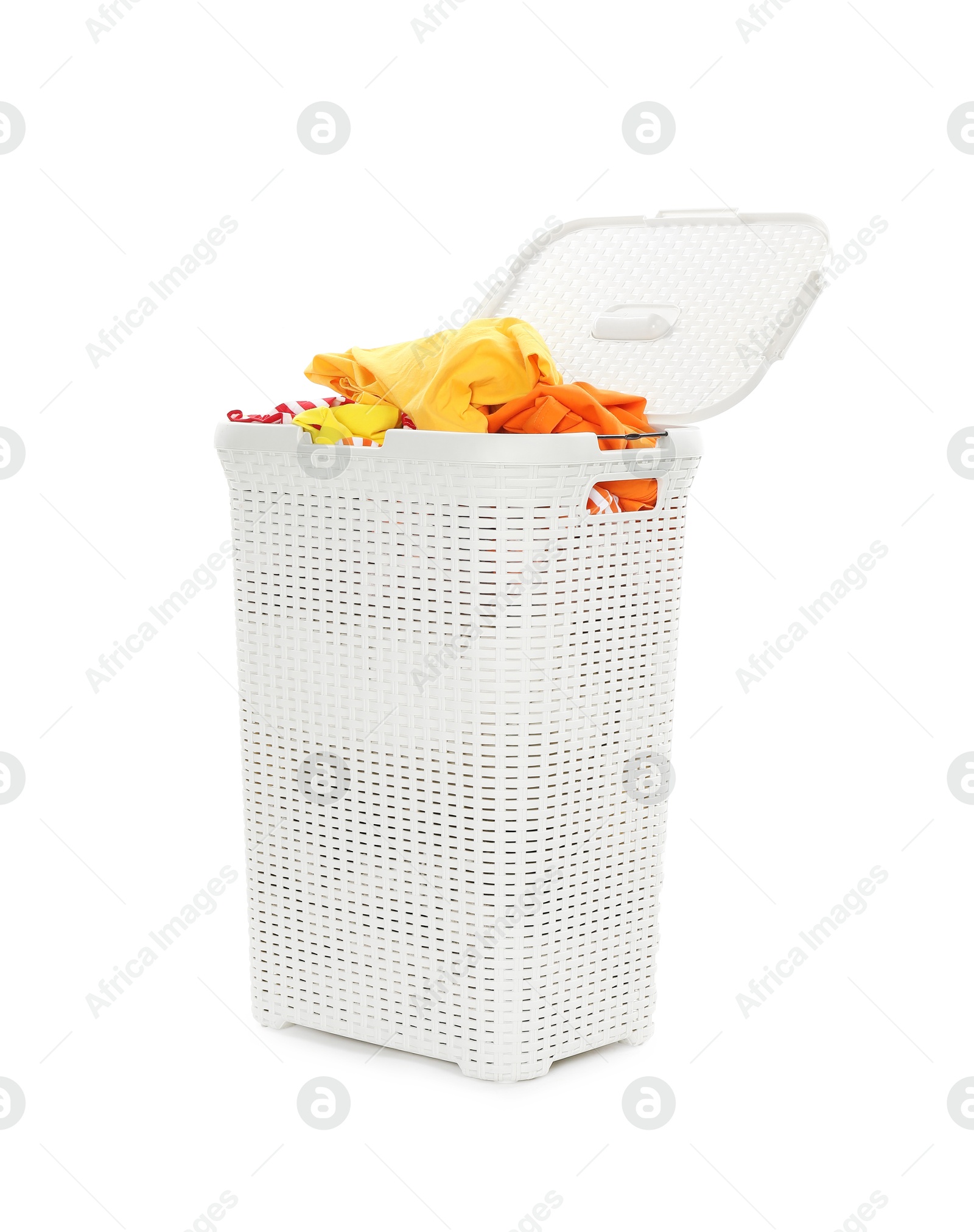 Photo of Wicker basket full of laundry isolated on white