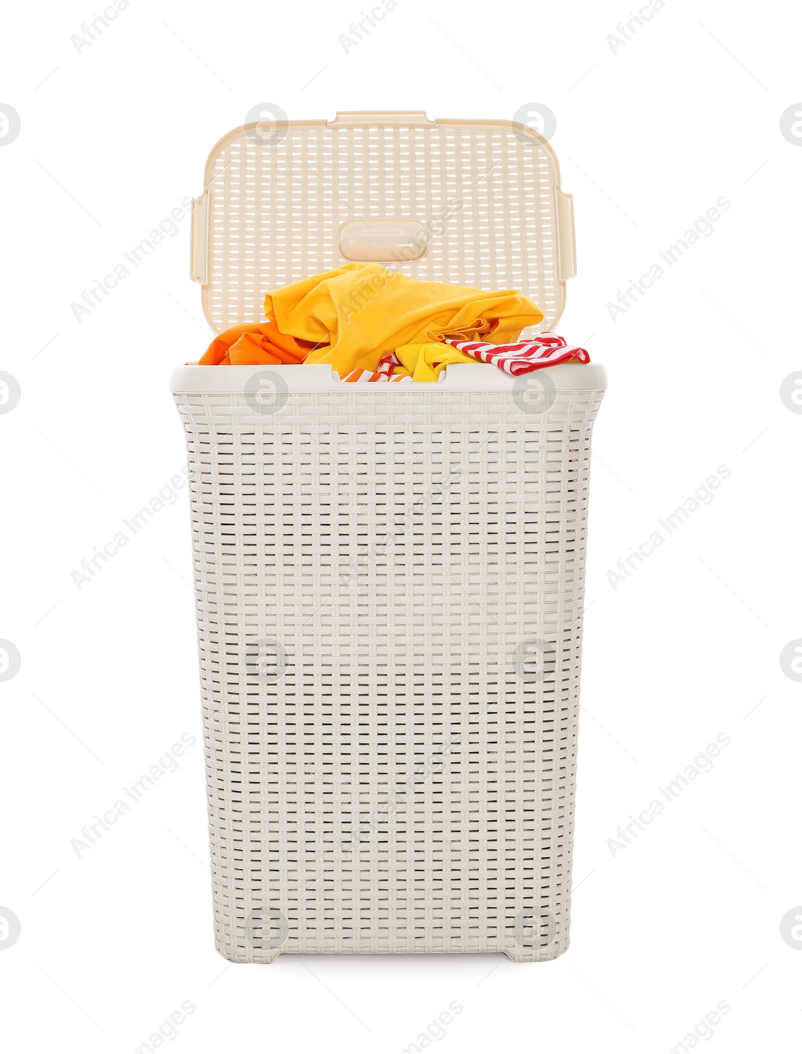 Photo of Wicker basket full of laundry isolated on white