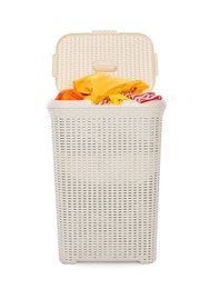 Photo of Wicker basket full of laundry isolated on white