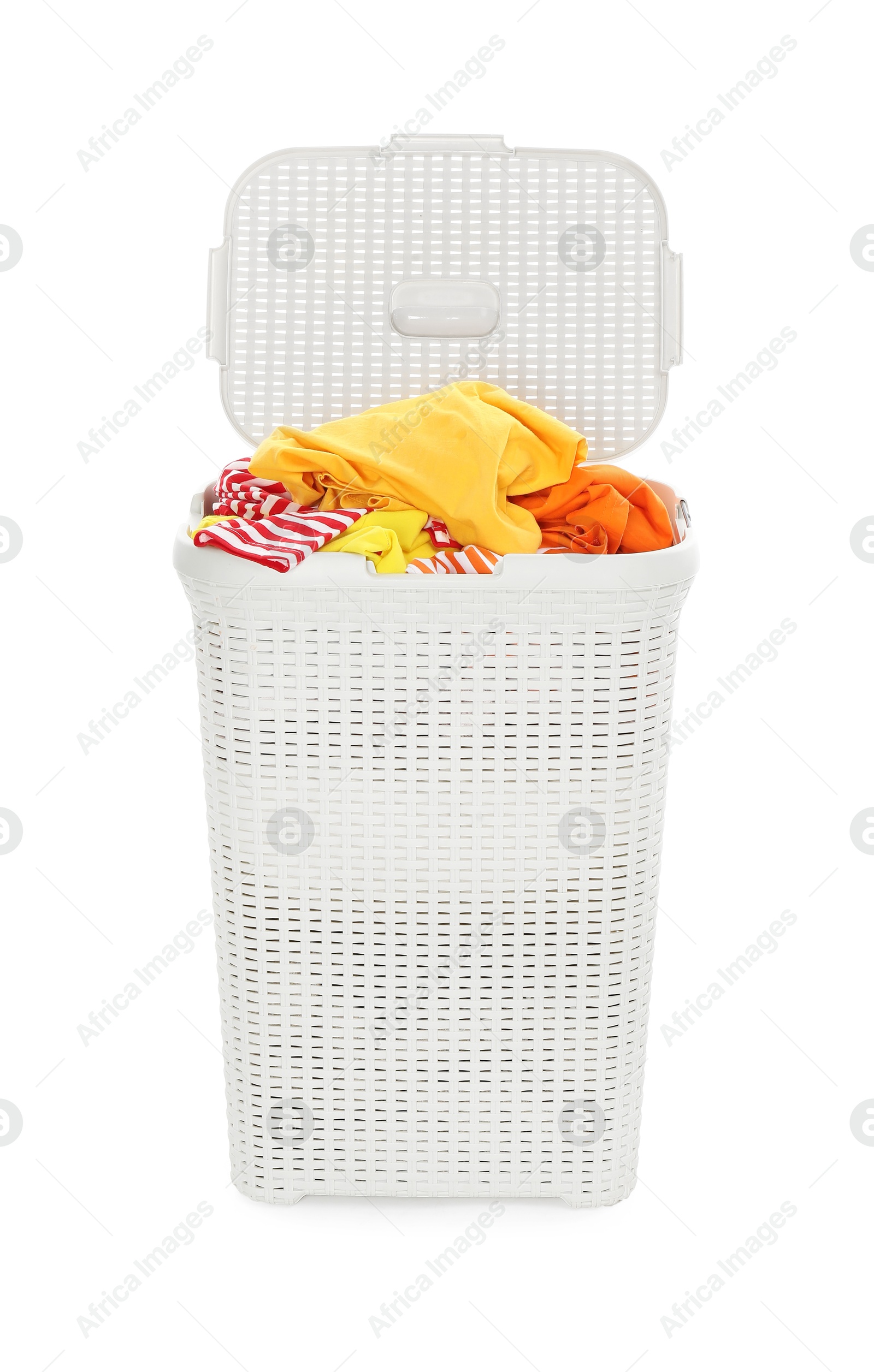 Photo of Wicker basket full of laundry isolated on white