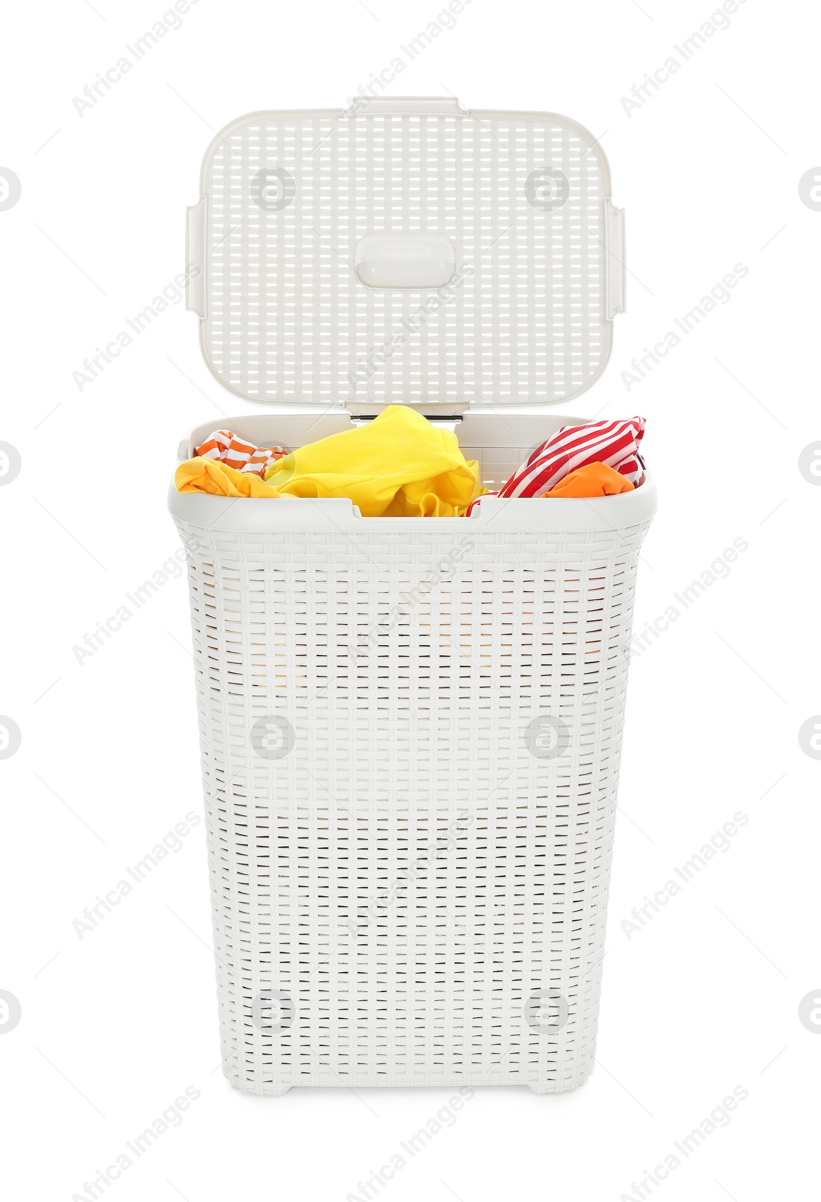 Photo of Wicker basket full of laundry isolated on white