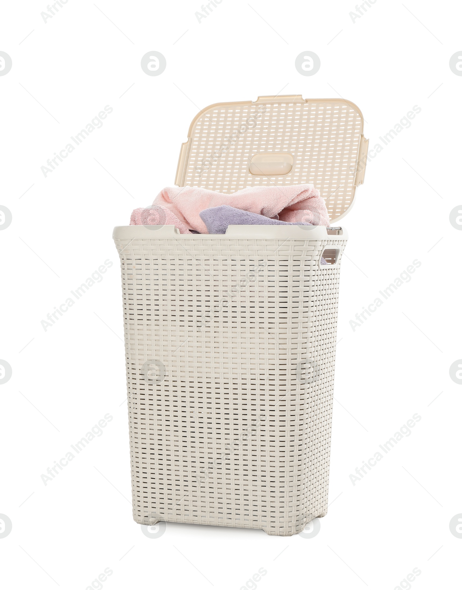 Photo of Wicker basket full of laundry isolated on white