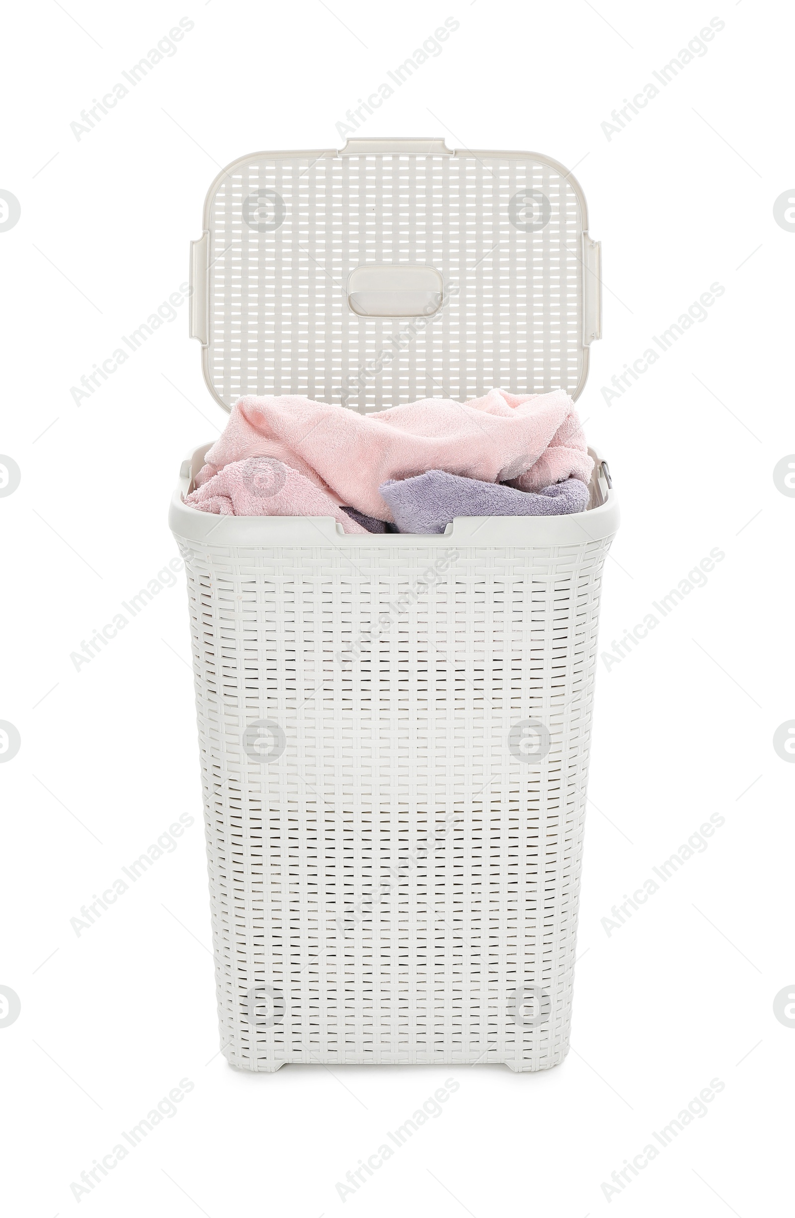 Photo of Wicker basket full of laundry isolated on white