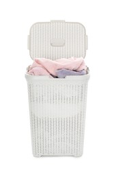 Photo of Wicker basket full of laundry isolated on white